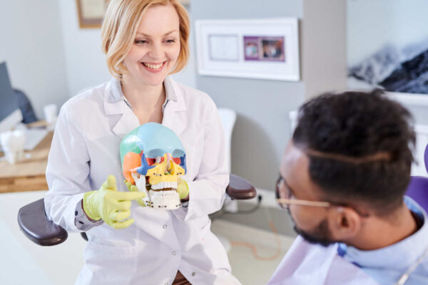 Portrait of smiling female dentist holding skull model and explaining teeth hygiene rules to young man sitting in dental chair